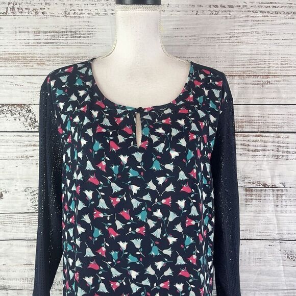 Van Heusen Blouse Tunic size Extra Large Navy Blue Pink Teal Tulips Lace Sleeves - Picture 2 of 11